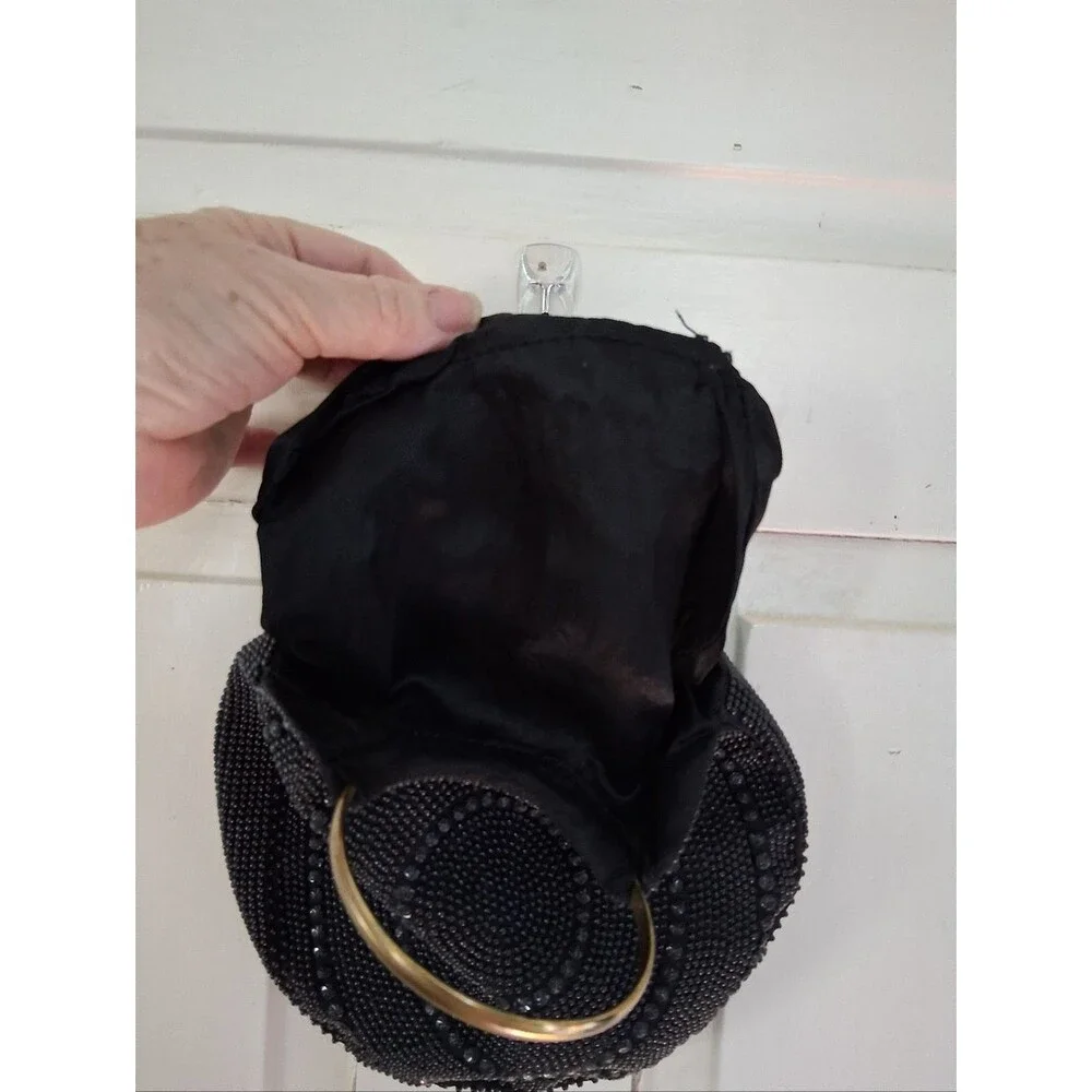 Blk Beaded Circle Evening Bag w/ Gold Tone Metal Ring Handles Vintage Hong Kong